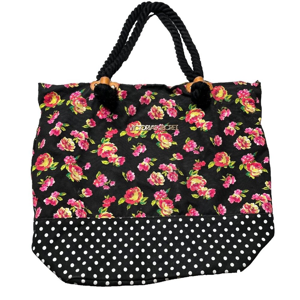 Victoria’s Secret Floral Tote Bag Pink Black Polka Dot with Rope Handles Beach